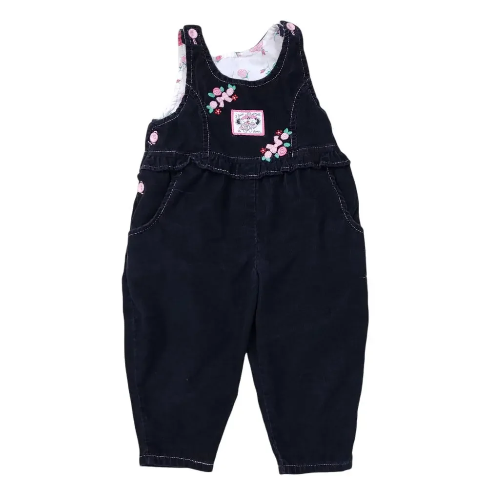 Vintage Healthtex Gray Corduroy Overalls Pink Floral Roses Patch Embroidery Sz 4